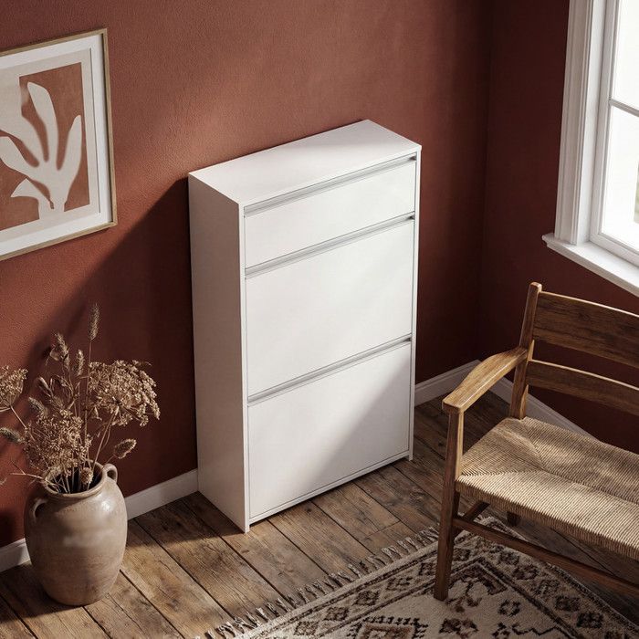 Meuble à chaussures double pliable (blanc) avec compartiment de rangement supérieur organisateur gain de place pour lentrée