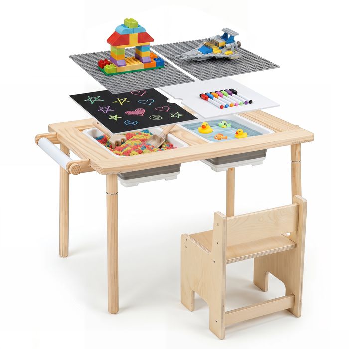 GIANTEX Table et 1 Chaise Sensorielles avec 2 Casiers 2 Plateaux de Construction 2 Crochets Table dActivités pour Enfant 3+ Ans