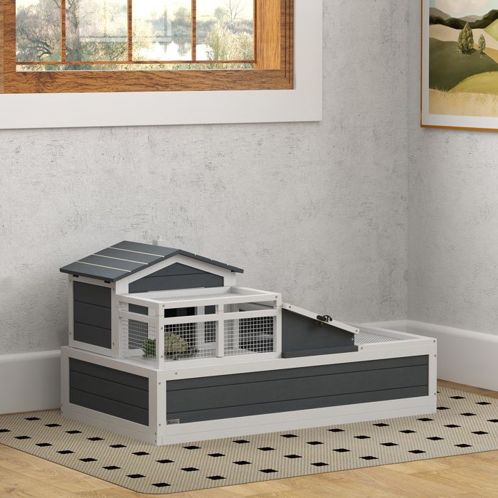 Maison pour tortues 2 niveaux en bois de sapin gris intérieur et extérieur balcon