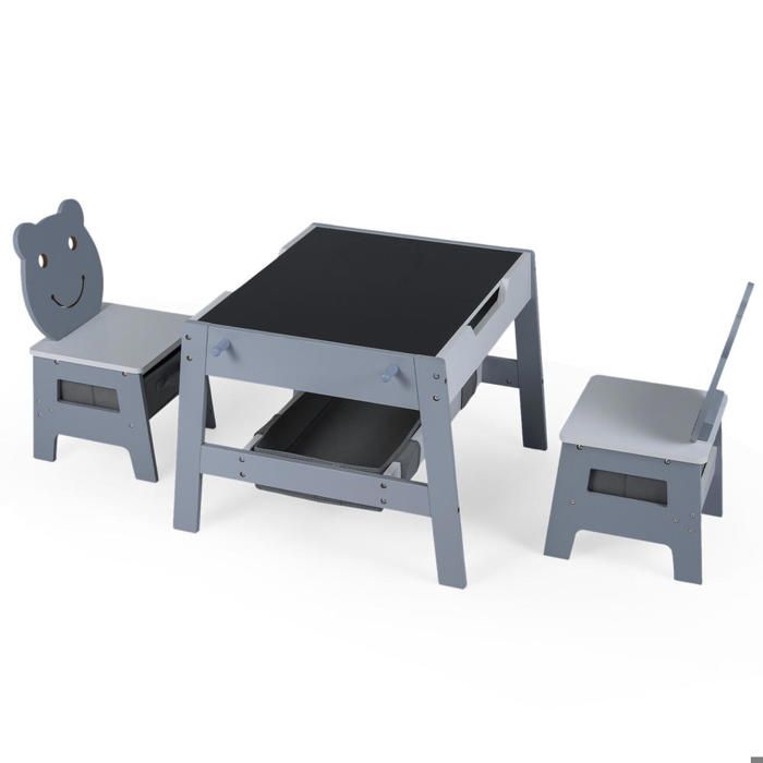 Espace Créatif Table et 2 Chaises Enfant 5 en 1 Plateau Réversible Tableau Craie et Feutre pour Chambre Gris
