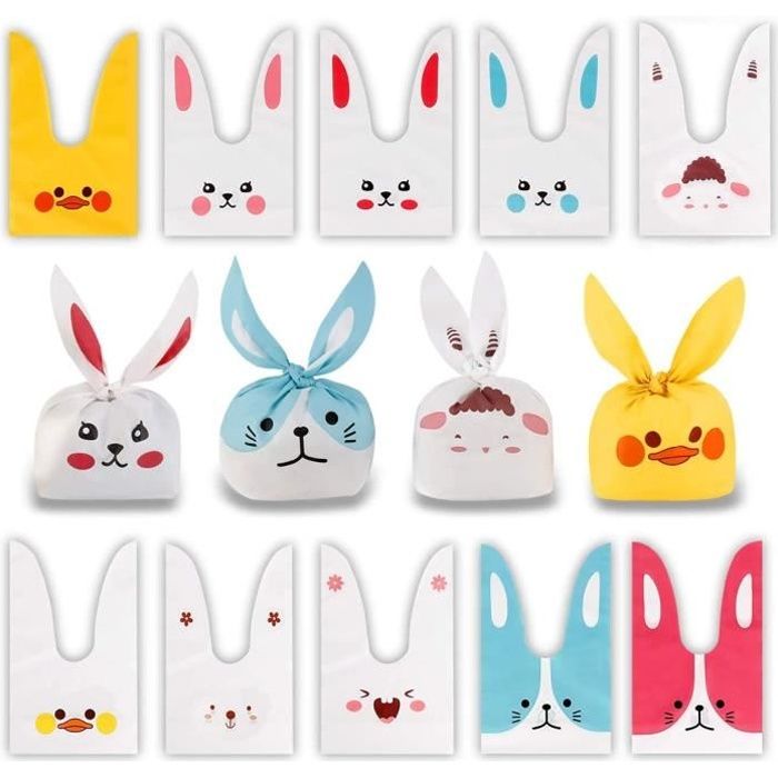 50Pcs Sachet bonbons Sachet Cadeau Motif Mignons Oreilles de Lapin Pochette Biscuits Emballage Cadeau Anniversaire Fête pour Enfent
