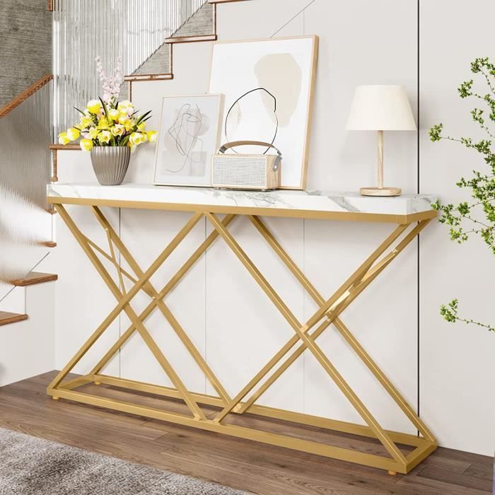 Table Console Blanche 150cm Avec Pied Doré - Moderne, Pour Entrée Ou Salon