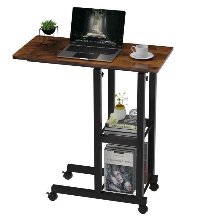 Table dAppoint avec roulettes 60x30cm Table Roulante pour Lit Canapé Table de Lit pour Ordinateur Hauteur Réglable 69-90cm