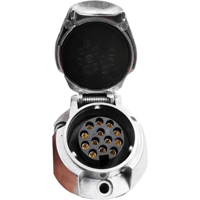 Prise Remorque 13 Broches 12V étanche QWORK - Connecteur Mâle Avec Cache, Pour Caravane, Voiture, Bateau, Cosses Laiton Nickelé