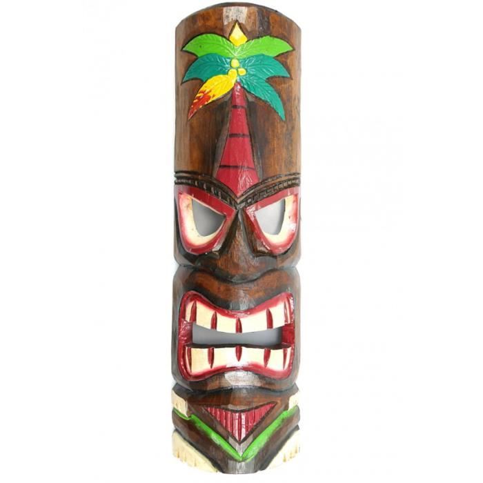 Masque Tiki Bois Sculpture Coco Papaya Masque Tiki 30cm En Bois Motif Coloré | Décoration Banc En Bois