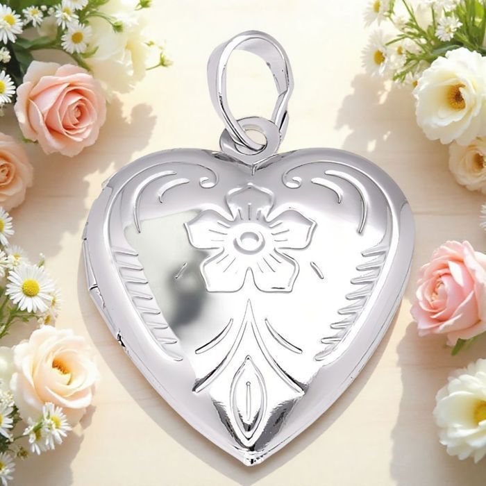 Collier Femme Chaîne et Pendentif Porte Photo Médaillon Coeur  Motif Fleur Argent Fin 925/1000 45 cm