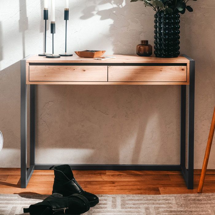 Console 2 tiroirs 100x35x75 cm chêne et anthracite - SYLON