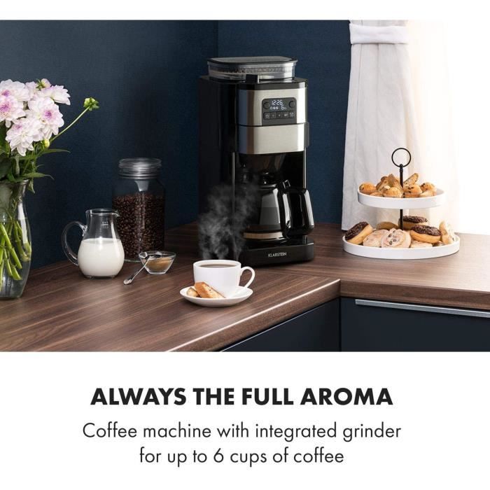 Cafetière Klarstein Aromatica II Avec Broyeur Intégré - Carafe Isotherme 1.25L - Programmable - Noir/Argent