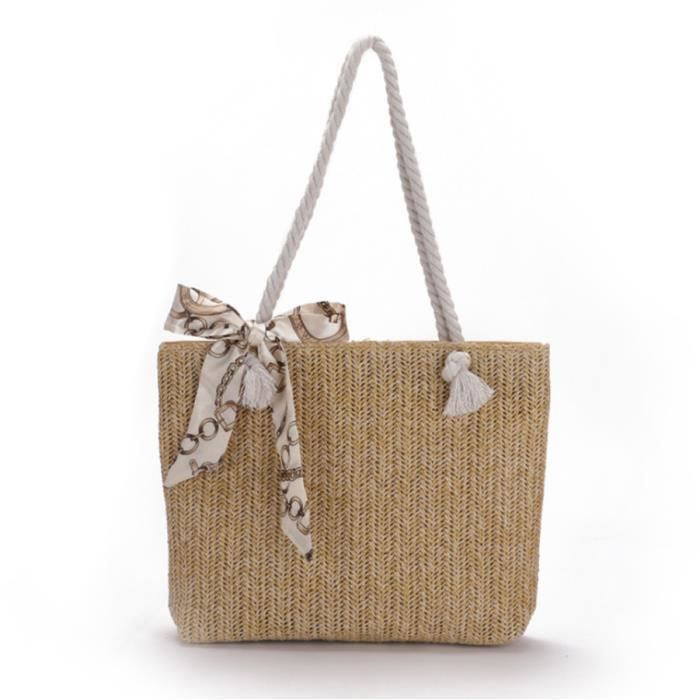 sac de plage en paille femme sac à bandoulière sac portés épaule fourre-tout cabas plage vacances avec zipper-kaki