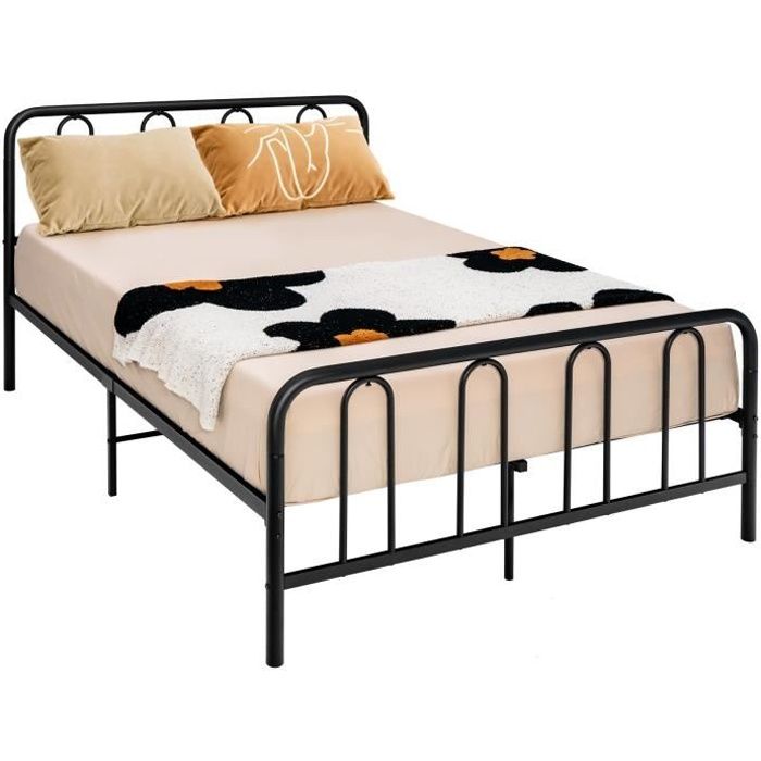COSTWAY Lit Double en Métal pour Adulte 140 x 200 CM Cadre de Lit avec 9 Pieds et Tête de Lit pas besoin de Sommier sans Bruit