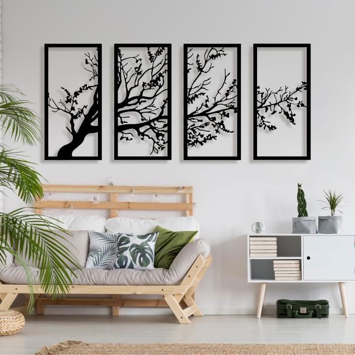 Panneau Décoratif Mural Extérieur Arbre De Vie En Métal Noir - 60x60cm Pour Patio Jardin