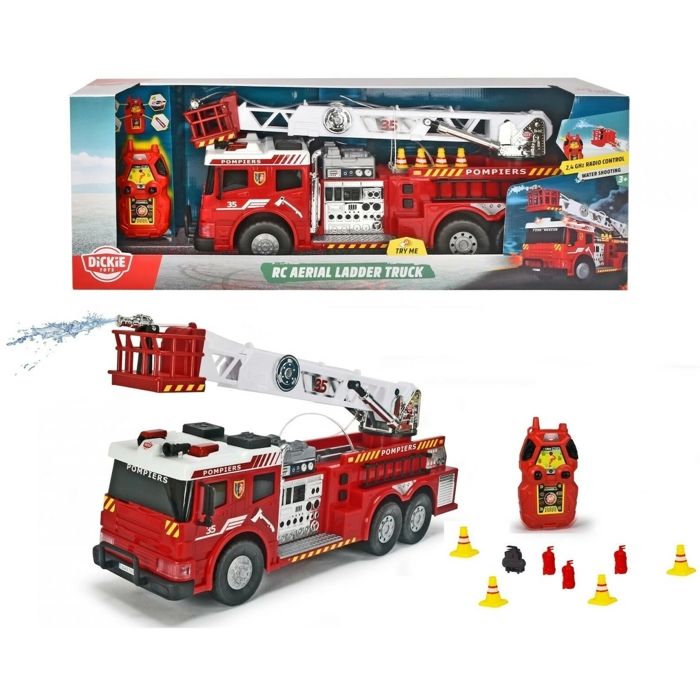 Dickie Camion de pompiers télécommandé à échelle extensible rouge – sons lumières et projection deau