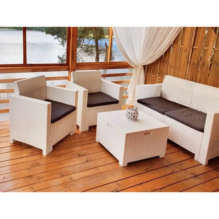 Dmora Ensemble de salon dextérieur Venere Salon de jardin avec coussins Salon dintérieur effet rotin 100% Made in Italy Blanc
