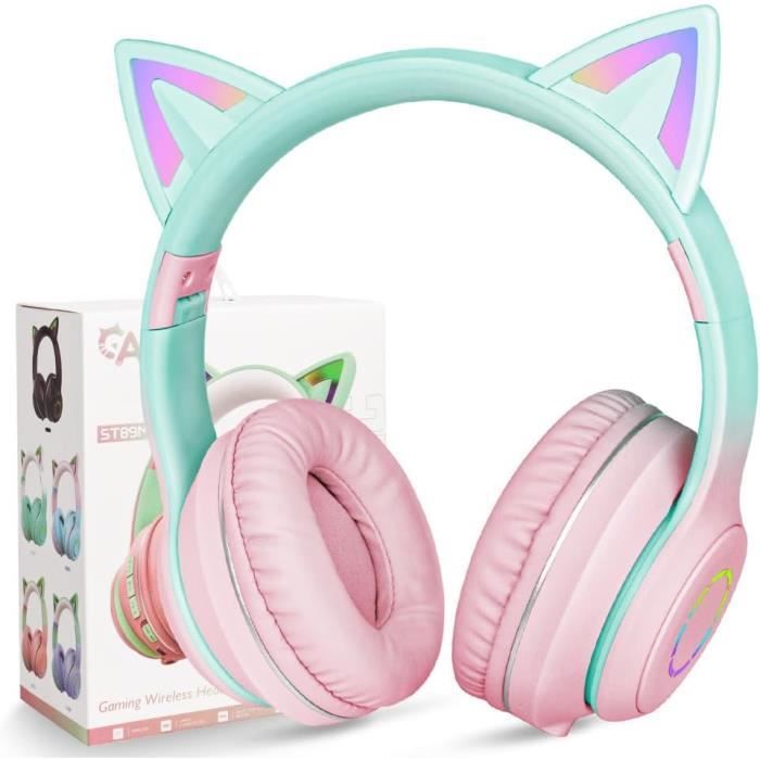 OHAANYY Casque Audio Enfants Bluetooth Chat LED – Volume Limité 85/95dB, Microphone, Rose