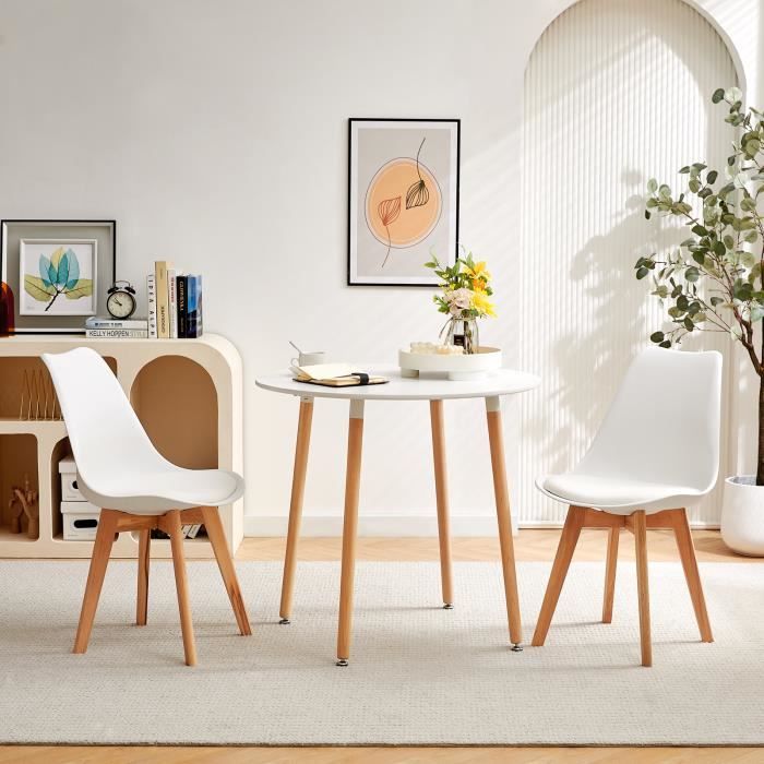 Table à manger ronde scandinave - H.J WEDOO - 80x80x73 cm - Blanc - Bois massif - Style nordique - Pieds en orme