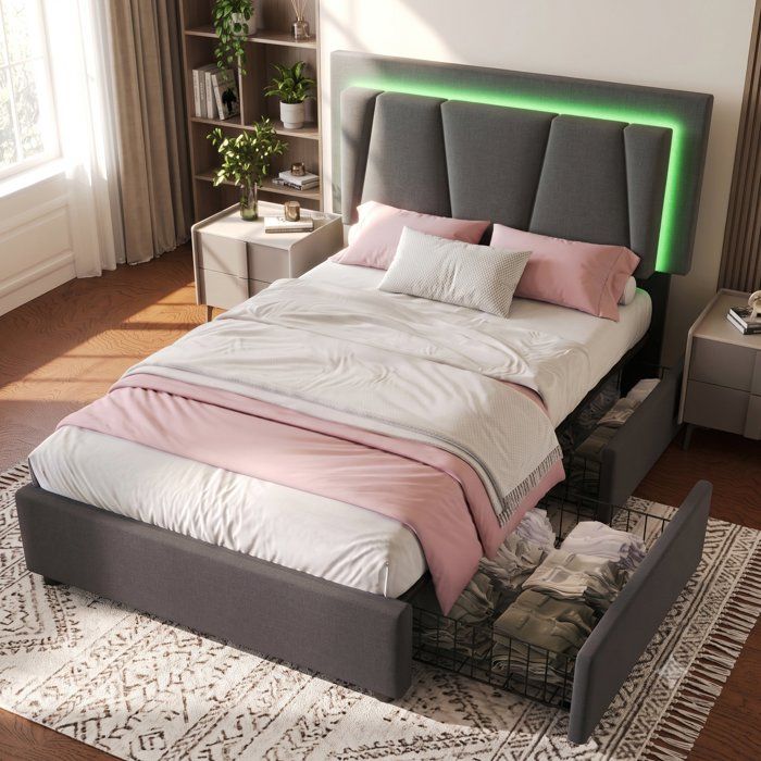 Lit simple 90x200 cm avec 2 tiroirs et LED - lit capitonné adulte ou enfant Gris - Cadre de lit avec rangement et sommier à lattes