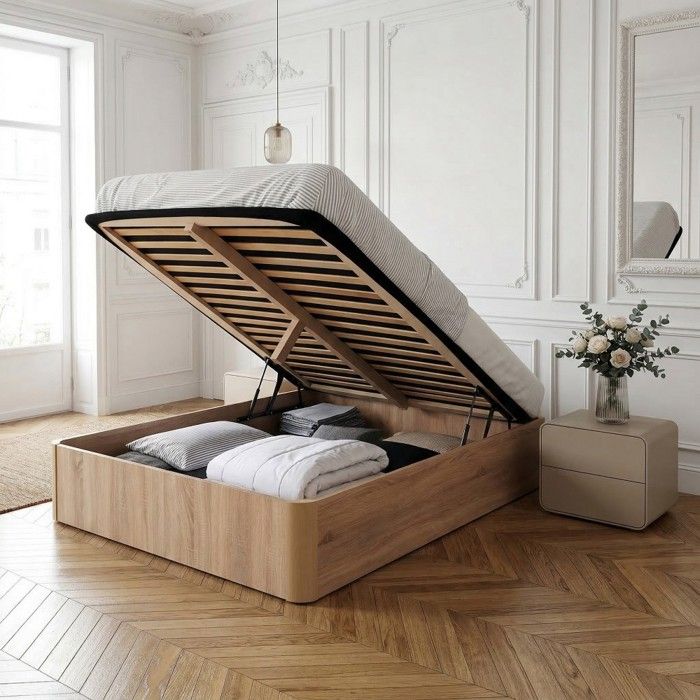 LIT COFFRE SPIRO 160x200cm + 1 SOMMIER / Décor Chêne Blanchi