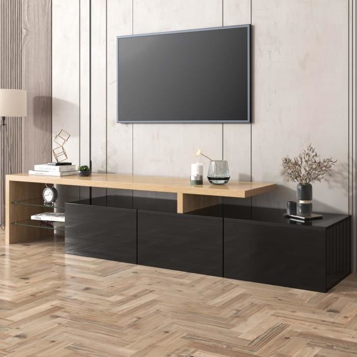 Meuble TV combiné 200 cm Style moderne avec 3 portes et 2 compartiments en verre Banc tv LED pour chambre ou salon noir