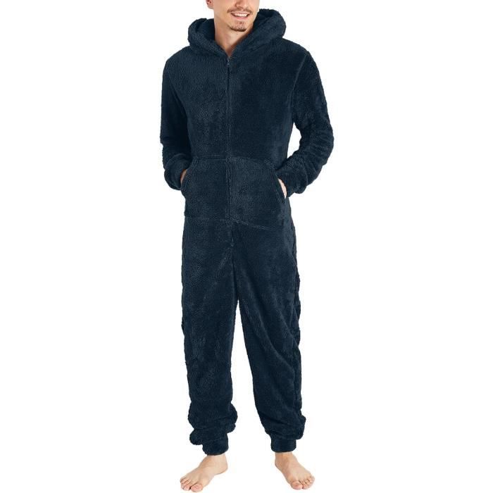 Combinaison Pyjama Homme Polaire Marine Chaud et Confortable Capuche et Doublure en Polaire