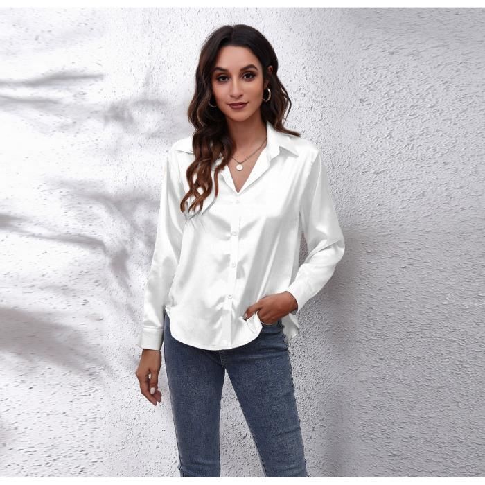 Chemisier femme elegant et chic noir Chemiser ete fluide manches longues Col V chemisier Decontracte pour travail veste pas cher Blanc Cdiscount Pret a Porter