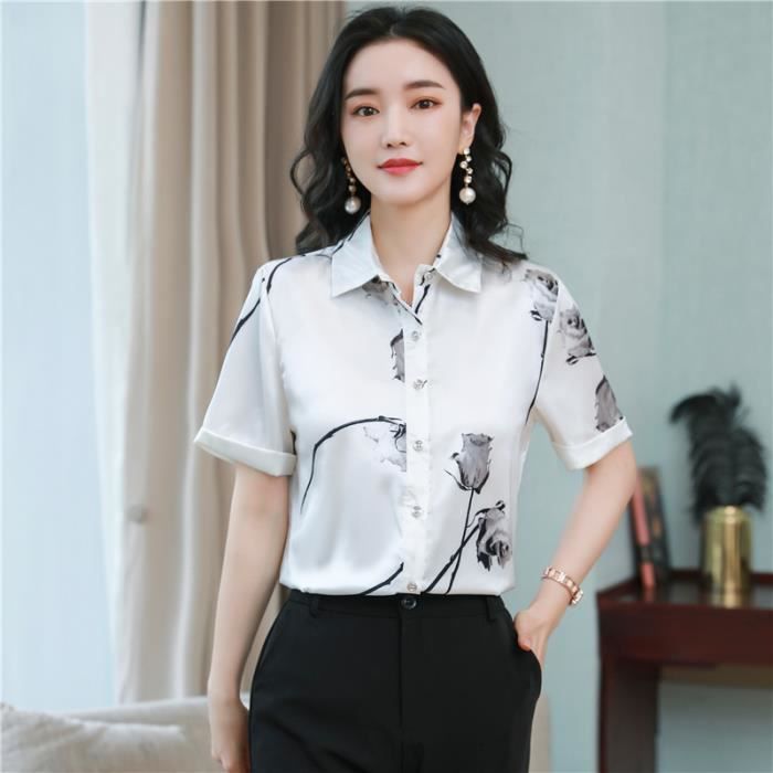 Chemise Chemisier en Satin Vintage imprime Floral abricot col montant manches courtes fete mode femme HPJR6332 B4 Blanc Cdiscount Pret a Porter