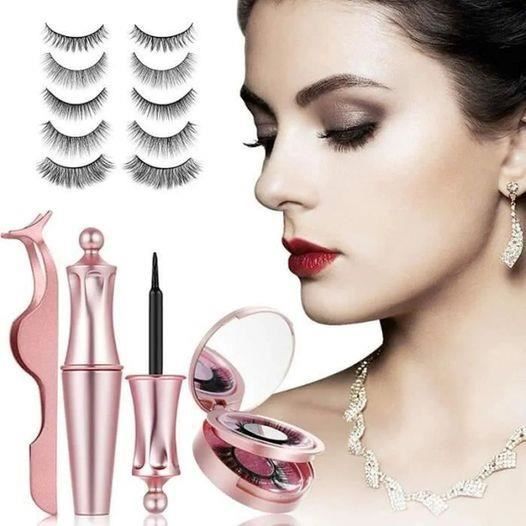 Kit Faux Cils Magnétiques 3D - 5 Paires Réutilisables + Eyeliner - Sans Colle - Neuf