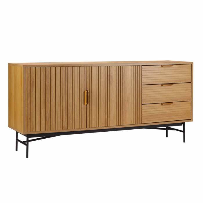Buffet 2 portes et 3 tiroirs en mélaminé et acier 160 cm beige Gabin - Oviala
