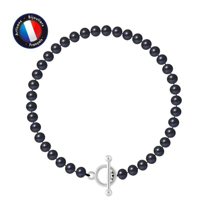 PERLINEA - Bracelet - Véritable Perle de Culture d'Eau Douce Semi-Ronde 5-6 mm Black Tahiti - Fermoir Baton - Bijoux Femme