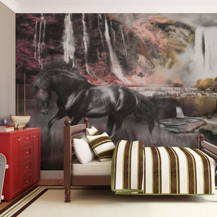 Papier peint Animaux Cheval noir et cascade 300x231 cm - Papier peint panoramique - Intissé