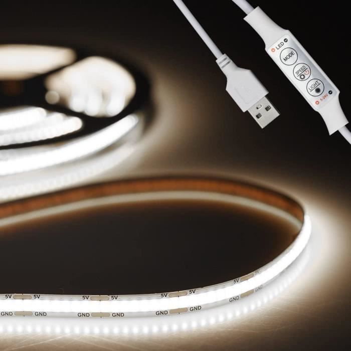 Ruban LED COB USB 3 Mètres – Blanc Chaud, Intensité Variable, Autocollant – Pour Décoration TV, Cuisine, Chambre, Fêtes