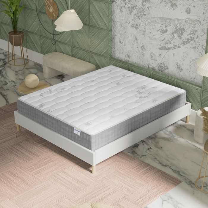 Ensemble matelas + Sommier (120x190cm)- Galice Ressorts ensachés & mémoire de Forme Ép 25cm + Sommier Bois stable Tissu Blanc