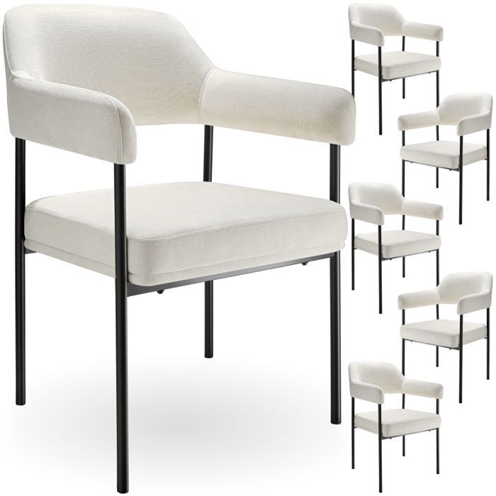Chaise - TECTAKE - Lot de 6 fauteuils DOÉ aspect velours rembourré pieds en acier et dossier 58 x 62 x 85 cm - Blanc cassé/noir