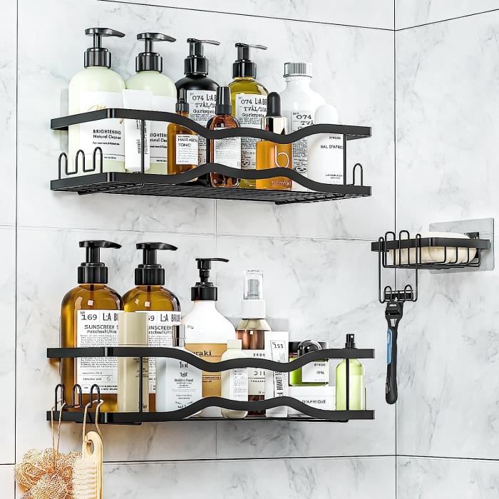 Étagère Douche Sans Percage 2 Pack ADORAMOUR - Porte-Savon Et Crochets Inclus - Organisateur Salle De Bain Blanc