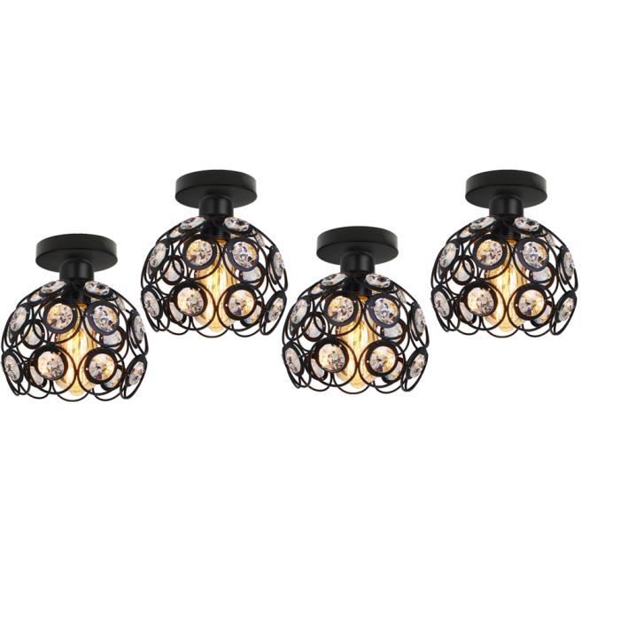 UNI 4 Pack Plafonnier en Cristal Fer Cage E27 20cm Noir