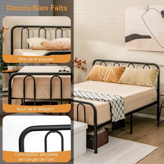 COSTWAY Lit Double en Métal pour Adulte, 140 x 200 CM, Cadre de Lit avec 9 Pieds et Tête de Lit, pas besoin de Sommier, sans Bruit - Maison