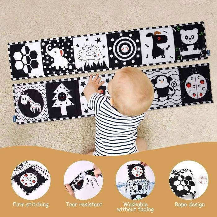 Livre D'Éveil Bébé Noir Et Blanc - Tissu Doux, Pages Froissées - Pour 0-12 Mois - Stimulation Visuelle