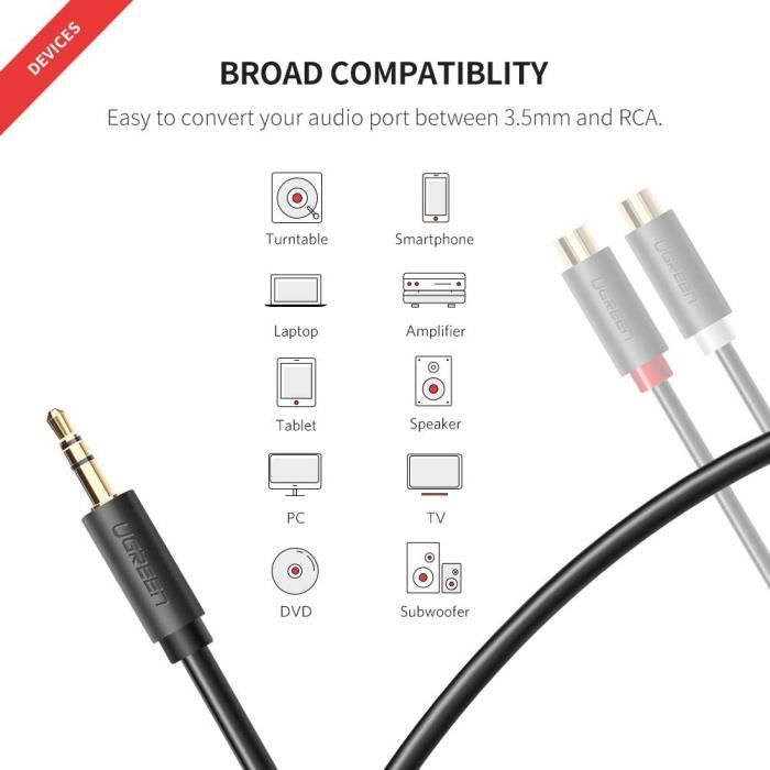 Câbles Rca - Audio Câble Jack Adaptateur 3.5mm Mâle Vers 2 Femelle Stéréo  Téléphone Platine Vinyle Enceinte Chaine Hifi - Cdiscount Informatique
