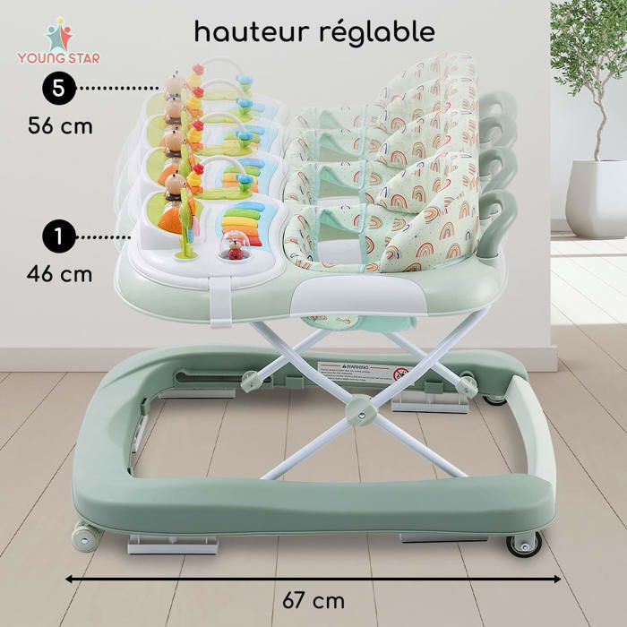 Trotteur Pliable Pour Bébé Hauteur Réglable 62*68*36 81cm Plastique Vert QUIIENCLEE Puériculture