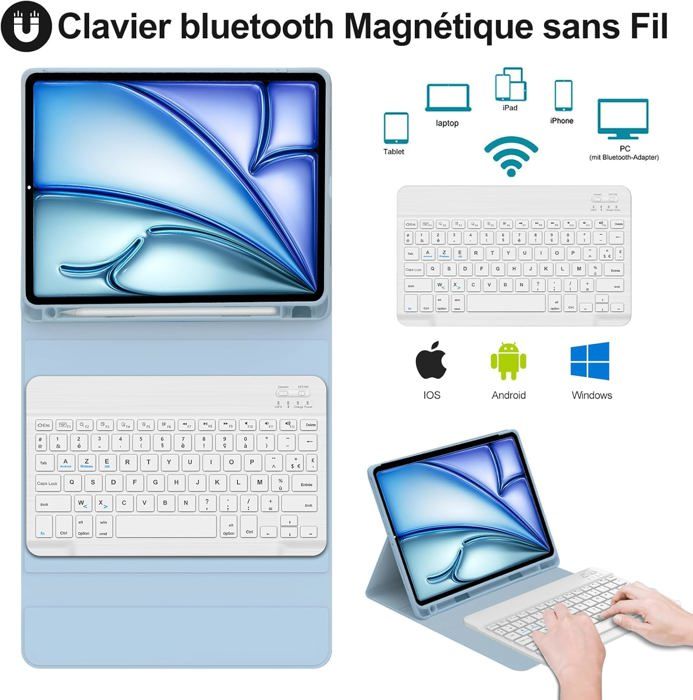JADEMALL Clavier IPad Air 13 Pouces (M3/M2) 2024/2025, Coque Clavier Pour IPad Air 13 Pouces (M3/M2) 2025, AZERTY Français Magnétique Détachable Bluetooth, Noir