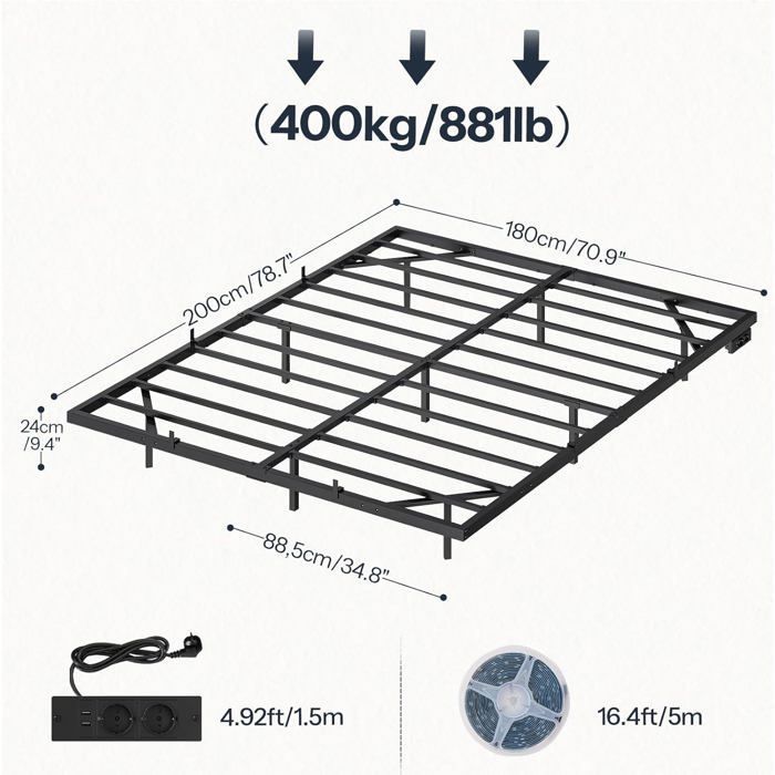Lit Double 180x200 Cm Avec LED Et Station De Charge - Cadre Métal Avec Rangement Sous Lit - Noir - Support 400 Kg