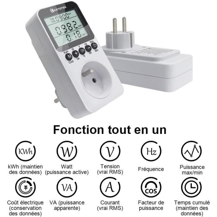 Wattmètre Prise Compteur d'Énergie, Prise Moniteur d'Électricité Wattmètre  avec Affichage LCD et 7 Modes de Surveillance. - Cdiscount Bricolage