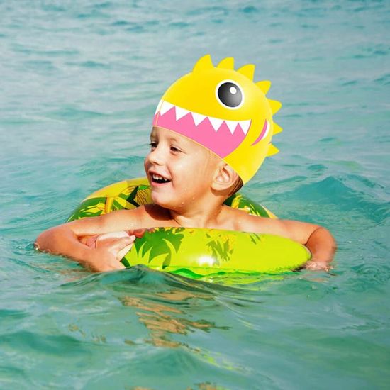 2 Bonnets De Bain Silicone Motifs Poisson Rouge Et Requin – Hypoallergéniques, Antidérapants, Faciles à Enfiler – Pour Enfants 2-5 Ans