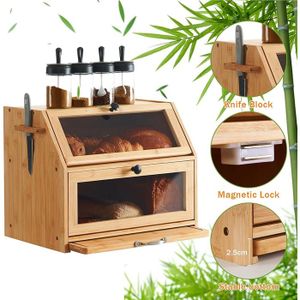 Boîte à Pain Bambou Double Couche XXL – Grande Capacité Avec Planche à Découper Et Porte Acrylique Transparente