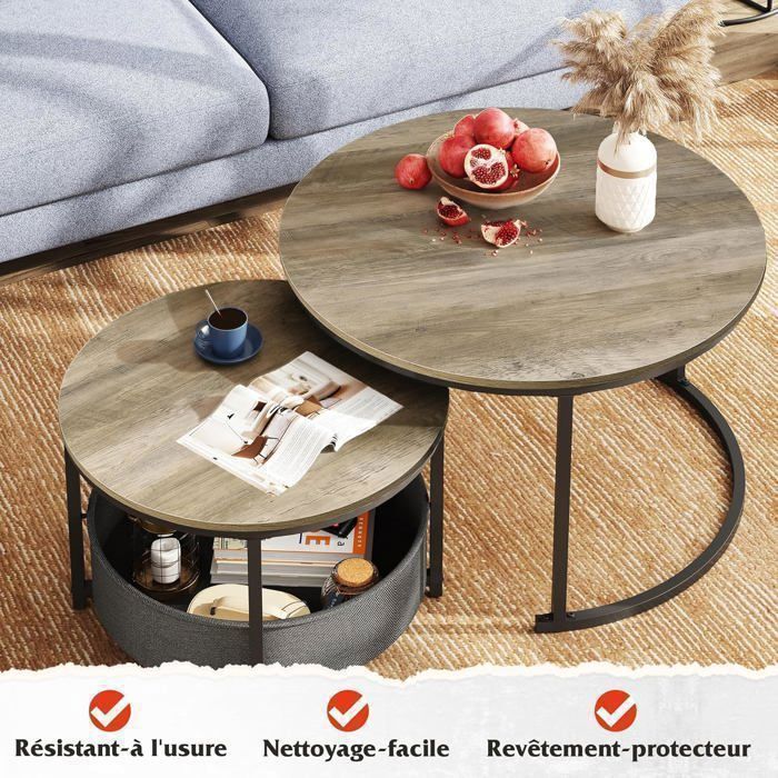 Lot De 2 Tables Basses Rondes Gigognes WLIVE - Style Industriel - 80 Et 60 Cm - Marron