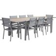 Table de jardin extensible 8 places 200/300cm avec plateau effet bois et structure aluminium gris clair et 8 fauteuils inclus-0