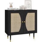 Buffet HOMCOM meuble de rangement design bohème double portes avec 2 niveaux, façade en rotin 80 x 38 x 79 cm noir