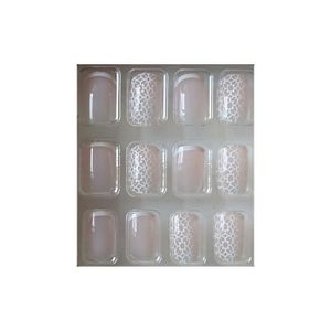 Faux Ongles + Adhésifs - Beige Transparent Motifs Blancs Géométriques - Neuf Emballé
