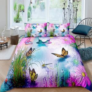 Parure De Lit Papillon Rose Et Blanc King - Housse Couette 230x220 Cm + 2 Taies, Coton/polyester, Lavable Machine
