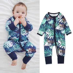 PYJAMA 0-4 Ans Pyjama Bleu Bébé Garçon Grenouillère Zippée Combinaison Feuille Imprimé pour Nouveau-né Enfant