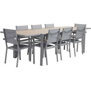Ensemble table et chaise de jardin Table de jardin extensible 8 places 200/300cm avec plateau effet bois et structure aluminium gris clair et 8 fauteuils inclus